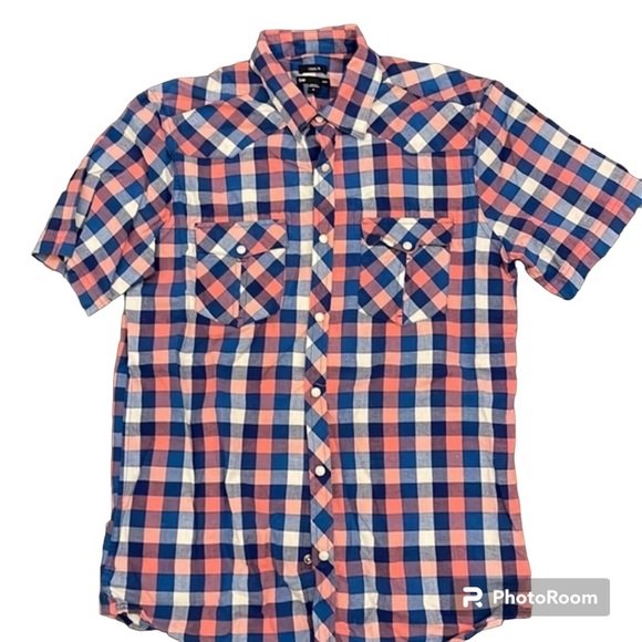 ‎GAP Pink Blue White Plaid Short Sleeve Snap Button Down Pockets Size Medium - Picture 1 of 4